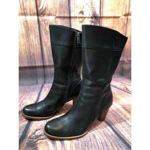 UGG Stella Black Leather Mid Calf Zip Up Stacked Heel Boots Womens 8.5 (w7e)